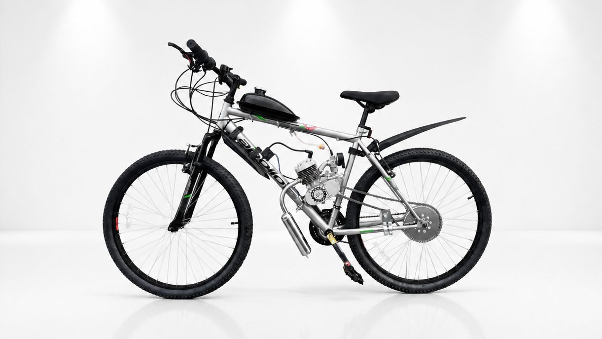 Silver motorized bike with fitted 80cc petrol engine kit in a white studio